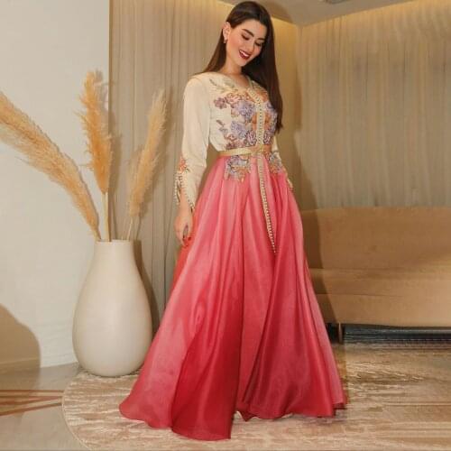 Elegant Exquisite Moroccan Caftan Evening Dress A-Line Floor Length V-Neck Long Sleeves Summer Dress With Applique Plus Size
