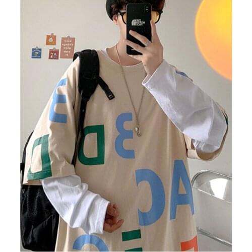Fake Two Pieces Men T Shirt Autumn Letter Print Long Sleeve O Neck Japan Style Vintage Harajuku Loose Hip Pop Couple Clothing