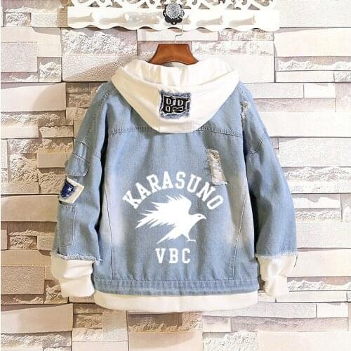 Anime Haikyuu Volley Ball Fake 2 Pieces Jacket Cosplay Casual Denim Jacket Autumn Hooded Sweatshirt Unisex Outwear Coat