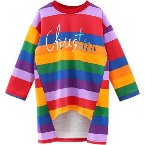Fashion Autumn Girls Plush Dress Children Rainbow Striped Cotton Dress Cute Princess Party Kids Dresses For Baby Girl Clothes