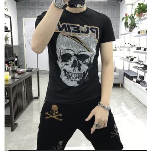 2021 mew High quality skull Rhinestones Men short tshirt Fitness Casual clothing