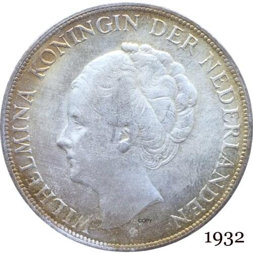 Netherlands 1932 2½ Gulden Wilhelmina I WILHELMINA KONINGIN NEDERLANDEN Cupronickel Silver Plated Copy Coin With Letter Edge