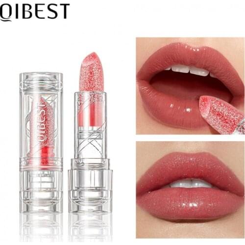 Qibest 6 Color Diamond Glitter Lipstick Temperature Change Color Lip Balm Long Lasting Waterproof Moisturizing Jelly Lipstick