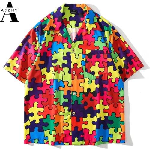 Colorful Puzzle Print Short Sleeve Shirt Mens Summer Beach Hawaiian Shirt for Men Japanese Streetwear Hip Hop Button Up Shirt