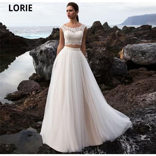 LORIE Two Pieces Beach Champagne Wedding Dresses Lace Appliques Soft Tulle Boho Bridal Gowns O-neck Cap Sleeve Wedding Gowns