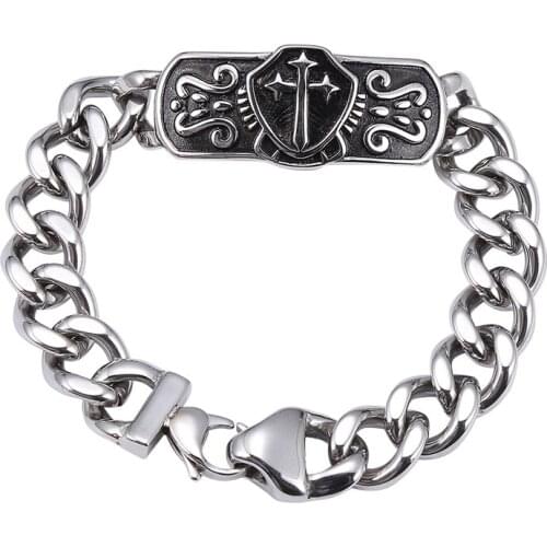 Vintage Punk Jewelry for Men 13mm Stainless Steel Curb Cuban Link Chain Cross Bracelets Male Trendy Party Accessories GS0016