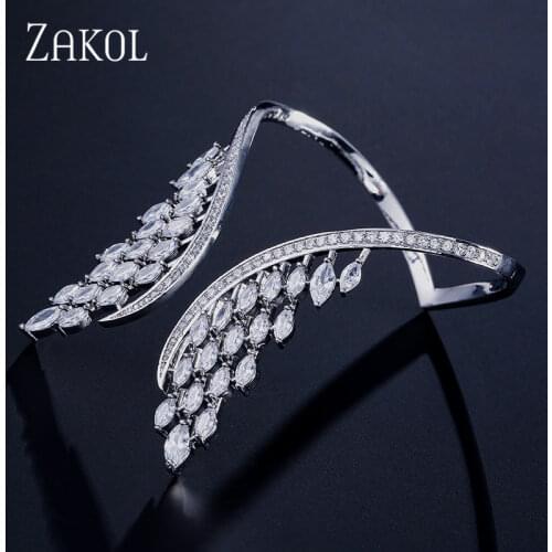 ZAKOL Fashion Luxury Cubic Zirconia Big Angle Wings Shaped Cuff Bracelet Bangle For Women Girl Party Wedding Jewelry FSBP2011