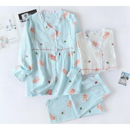 Rabbit Gauze Ladies Home Wear Korean Style Breathable Casual Loose Large Size Long-sleeved Air-conditioned Room Simple Pajamas