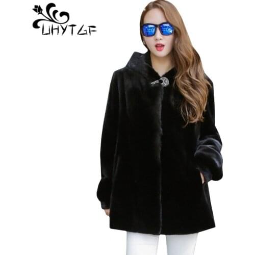 UHYTGF 4XL Plus size Jacket Women fashion Imitation mink fur Autumn Winter fur outerwear Elegant Lady Hooded Warm long Coat 1126