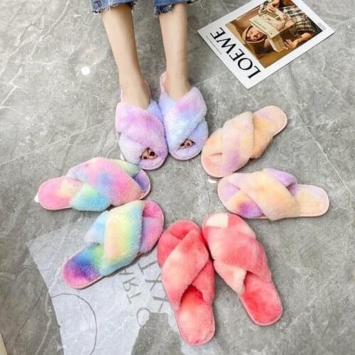 Womens Shoes 2021 New Fashion Gradient Plush Slippers Female Korean Version Colorful Suede Womens Casual Cotton Slippers