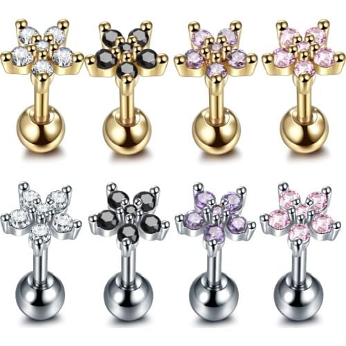 1PC CZ Flower Stud Earrings for Women Zircon Ear Bone Tragus Rook Conch Helix Piercing Cartilage Labret Piercings Jewelry 16G