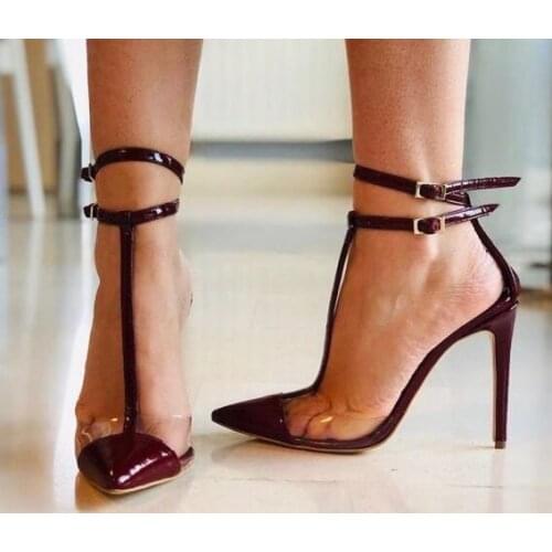 Moraima Snc Burgundy Patent Leather Clear PVC T Strap Heels Pumps Woman Sexy Pointed Toe Thin Heels Shoe Ankle Strap Dress Heels