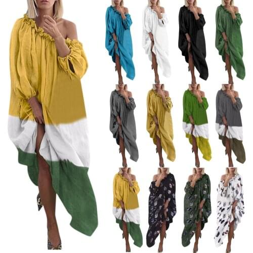 Womens Temperament Plus Size Daily Casual Slash Neck Vintage Loose Boho Muslim Lantern Sleeve Maxi Dress Gowns Robe For Ladies