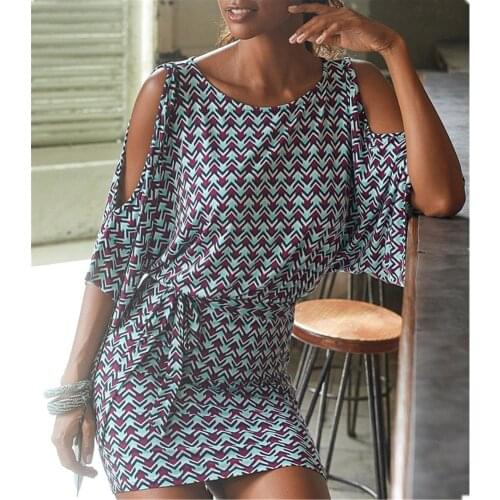 Wide Sleeve Vintage Print Dresses Women Summer Casual O-Neck Keyhole Back Hollow Out Sashes Sexy Bodycon Beach Style Mini Dress