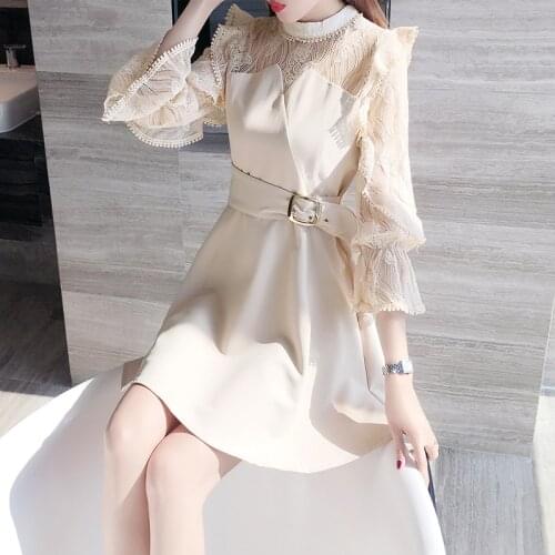 2021 Spring New Dress Women Korean Office Ladies Elegant Ruffles Dress A-line Long Sleeve Lace Sexy Dress Vestidos Female