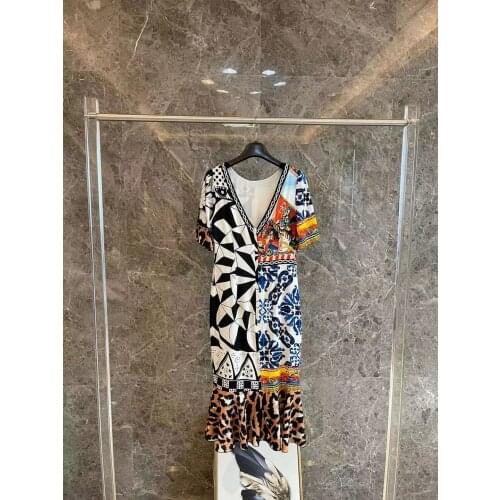 Style 2021 summer new vintage fishtail v-neck silk dress high quality Sicily luxury