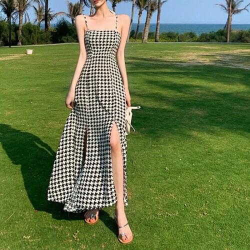 2021Elegant Vintage Strap Plaid Dress Women Summer Designer Sexy Party Split Dresses French Retro Outdoor Spaghetti Long Dres