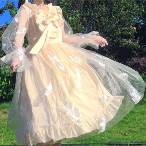 2021 Japanese Soft Girl Lolita Dress Sweet Ruffles Bow Full Sleeve Dress Fairy Elegant Kawaii Gauze Feather Party Girly Dress