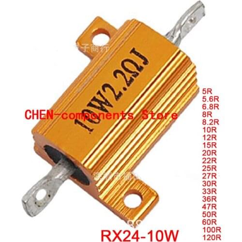 5PCS RX24 10W Gold aluminum shell resistor 5R 5.6R 6.8R 8R 10R 12R 15R 20R 22R 25R 27R 30R 33R 36R 47R 50R 60R 100R 120R OHM