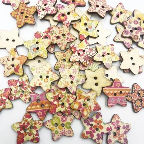 50pcs Mixed Star Pattern Painting Wood Sewing Buttons 25mm WB746