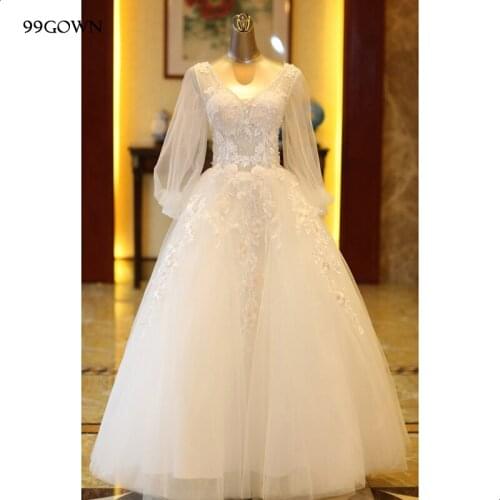 99GOWN Women Wedding Dress Simple Wedding Ball Gown A-Line Three Quarter Lantern Sleeve Lace-Up Bridal Wedding Dresses