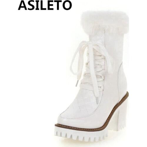 ASILETO 2021 Lady Princess Mid Calf Boots Rabbit Fur Plaid Zip Lace Up Platforms 8.5CM Chunky Heel US12 Black Pink White A4412