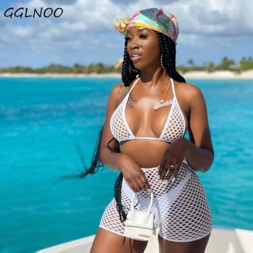 GGLNOO Fishnet 3 Piece Bikini Set Women Swimsuit Halter Top and Shorts Beach Wear Swimwear High Waist Bikini Set Bathing Suit