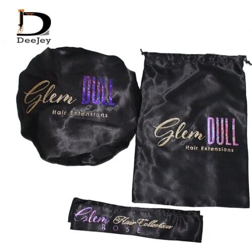 Custom glitter LOGO Hair Extension Packaging Sets Human Virgin Hair Bonnets Satin Package Bags scarf head tie