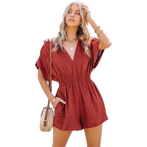 Womens Casual Jumpsuit 2021 Summer New Solid Color V-Neck Loose High Waist Straight Trousers Short Sleeve Jumpsuit High Quality