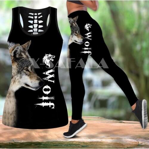Native Indian Wolf Animal Art Two Piece Yoga Set Women 3D Print Hollow Out Tank Top High Waist Legging Summer Casual Sport-12