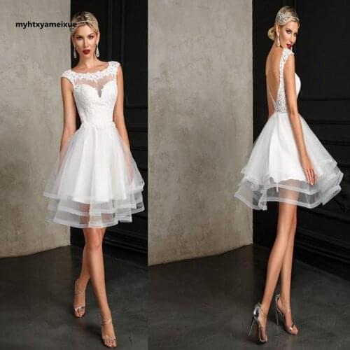 Short white wedding dress knee-length backless A-line o-neck applique bridal prom dress princess dress mini wedding party dress