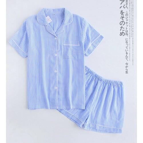Summer 100% Cotton Pajamas Double Layer Gauze Striped Pijamas Women Short Sleeve Shorts Sleepwear Lovely Home Clothes Loungewear