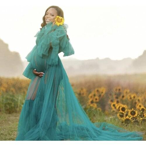 Hunter Green Tulle See Through Maternity Photoshoot Dresses Sweep Train Tulle Robe Prom Gown Photo Shoot Pregnancy Clothes