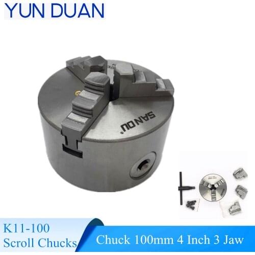 SANOU K11-100 Chuck 100mm 4 Inch 3 Jaw Self Centering Lathe Chuck Metal Scroll Chucks for Drilling Milling Machine