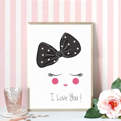 Nordic Cute Baby Girl Smiling Face Art Print Pictures , Cartoon I Love You Canvas Art Painting Girls Room Wall Decoration