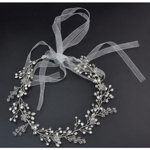Bridal Headpiece Crown Crystal Pearl Headbands Wedding Hair Vine Ribbon Bride Head Jewelry Accessories tiara de noiva