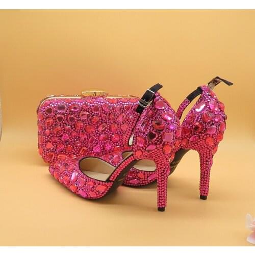 BaoYaFang Fuschia Crystal Wedding shoes and bags Bride High heel platform shoes with matching bags Bridal female shoes woman