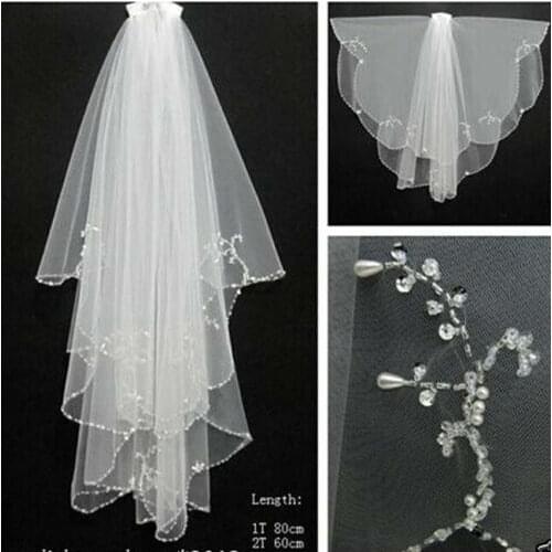 Pearl Handmade beaded White Beads White/Ivory 2T Wedding Bridal Veil with Comb 2022