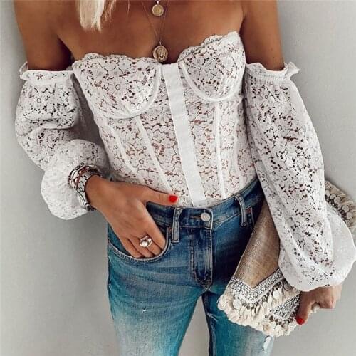 Women Off Shoulder Shirt Tops Elegant Floral Lace Slim Strapless T Shirt Casual Puff Long Sleeve Slash Neck Shirts Streetwear
