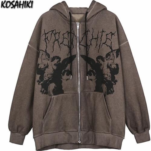 KOSAHIKI Y2k Women Hoodies Jacket Coat Harajuku Angel Dark Print Streetwear Hoodies Autumn Zipper Hooded Punk Sweatshirt Outwear