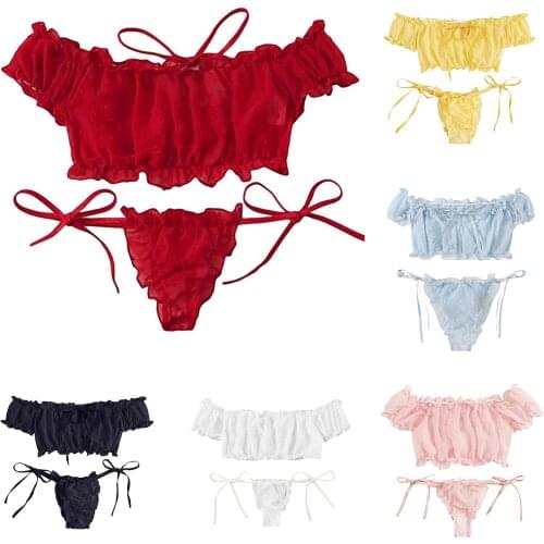 Womens Lace Sexy Girl Sweet Sexy Sets Short Sleeve Off Shoulder Lace Up Solid Color Suits Ruffle Sets Underwear Set 2021 New