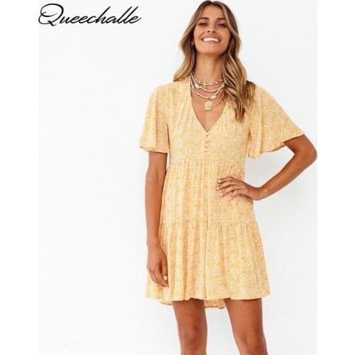 New 2021 Summer Dress Women Casual Floral Print A-line Pleated Dress Butterfly Sleeve V-neck Loose Above Knee Mini Dress Ladies