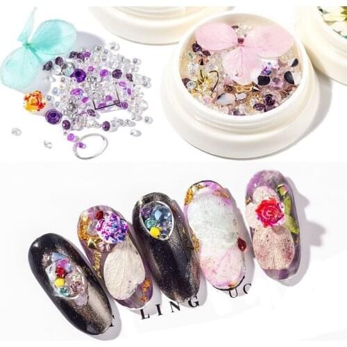 6 Colors Mix Size Dried Flowers Water Drop Crystal Dangle Chain Charms Nail Jewelry Decorations Crystal Rhinestones Nail Art