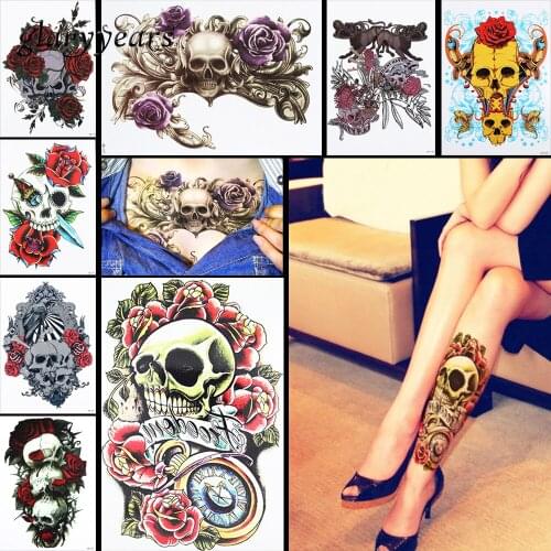 8 Pieces Skull Rose Flower Pattern Design Back Body Art Tattoo Sticker Temporary Clock Knife Water Transfer Tattoo Sticker HB#28