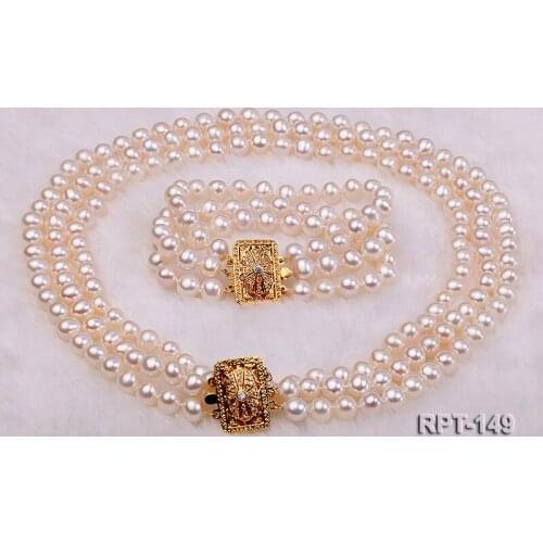 Unique Pearls jewellery Stone 3rows White Color 8mm Round Freshwater Pearl Necklace Bracelet Jewellery Set Charming Women Gift