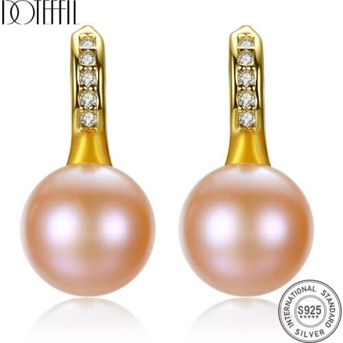 DOTEFFIL 925 Sterling Silver White/Pink/Purple 8mm Pearl AAA Zircon Gold Earrings For Women Wedding Engagement Charm Jewelry