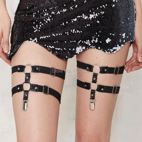 Punk Dark Amo Harajuku Handmade Double O Round Double Straps Leather Elastic Leg Studded Garter Belt Suspender Thigh Harness