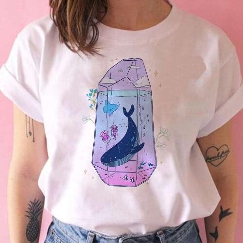 The Ocean World In A Cube Print Cartoon T Shirts Womens Round Neck Modern Animated Short Sleeve Exquisite Fashion Clothes