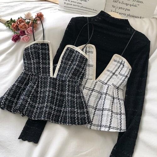 Hit Color Plaid Patchwork Camis Top Sleeveless Shoulder Strapless Camis Tank Top Spring Autumn 2021 New Vintage Vest