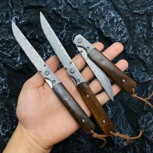 Damascus Steel Pocket Folding Knife Portable Handmade Ironwood Handle Self-defense Hunting Knife